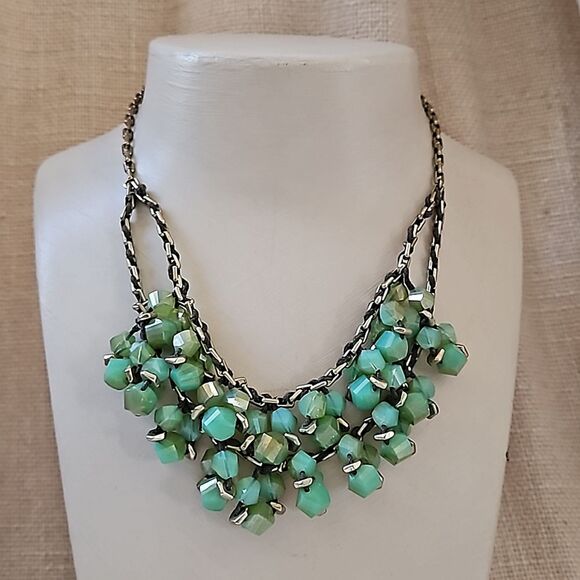 Kenneth Cole Double Strand Green Cut Glass Cluster Bead Necklace - Gold - Picture 1 of 10